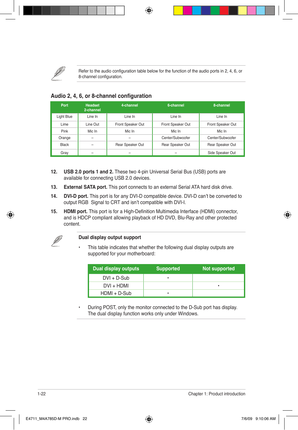 Audio 2, 4, 6, or 8-channel configuration | Asus M4A785D-M PRO User Manual | Page 32 / 62