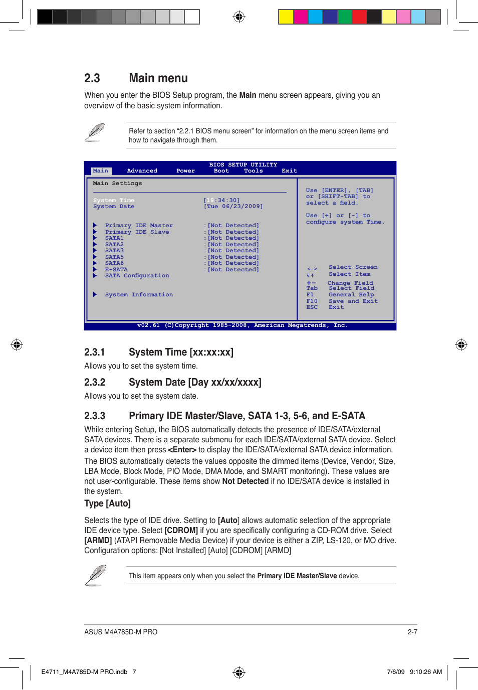 3 main menu, 1 system time [xx:xx:xx, Type [auto | Asus M4A785D-M PRO User Manual | Page 47 / 62