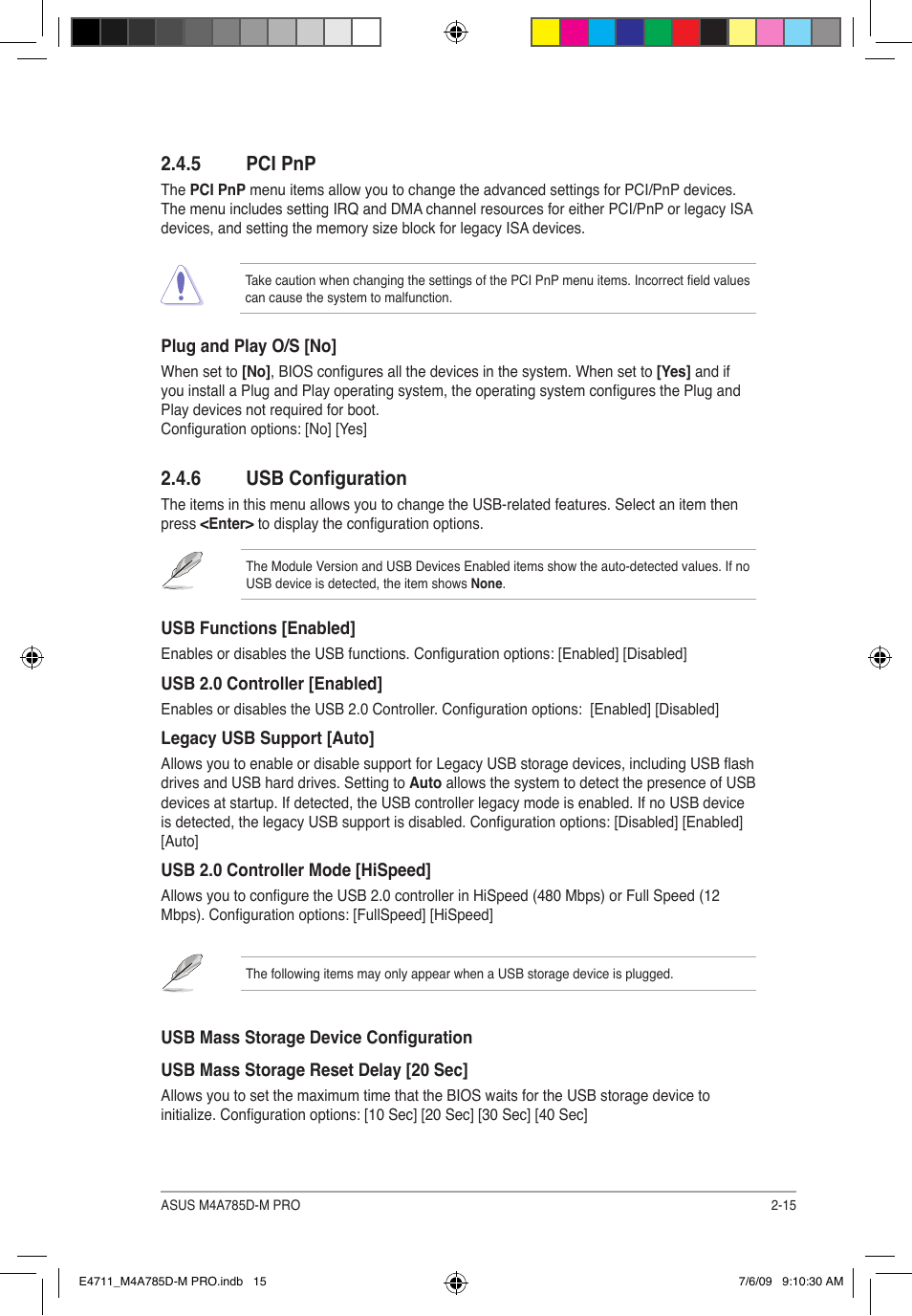 6 usb configuration, 5 pci pnp | Asus M4A785D-M PRO User Manual | Page 55 / 62