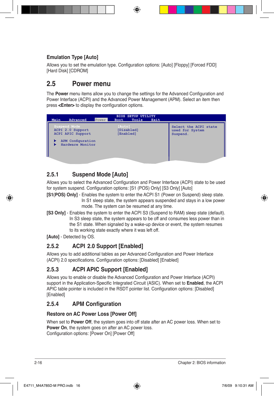 5 power menu, 1 suspend mode [auto, 2 acpi | 0 support [enabled, 3 acpi apic support [enabled, 4 apm configuration | Asus M4A785D-M PRO User Manual | Page 56 / 62