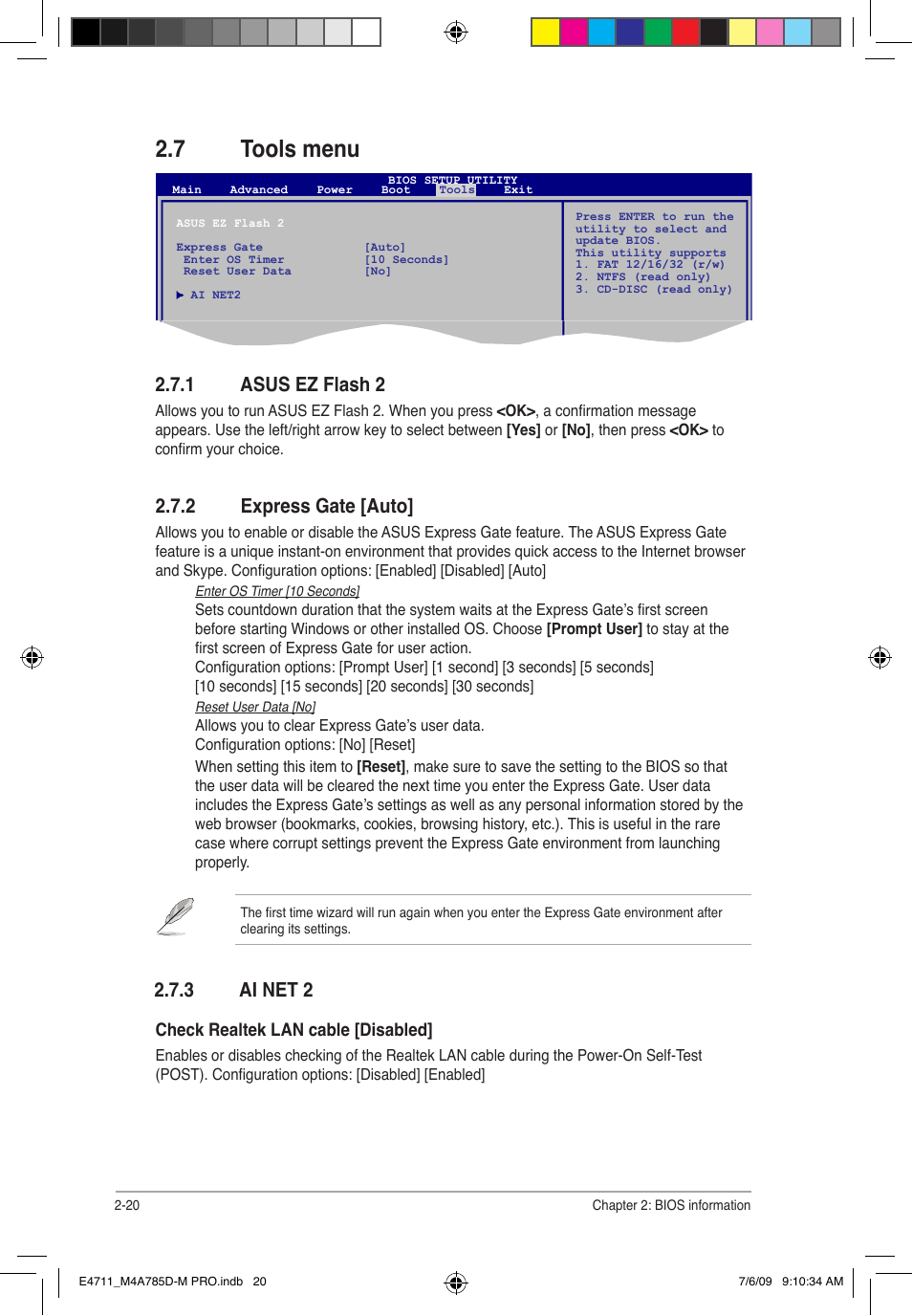 7 tools menu, 1 asus ez flash 2, 3 ai net 2 | 2 express gate [auto | Asus M4A785D-M PRO User Manual | Page 60 / 62