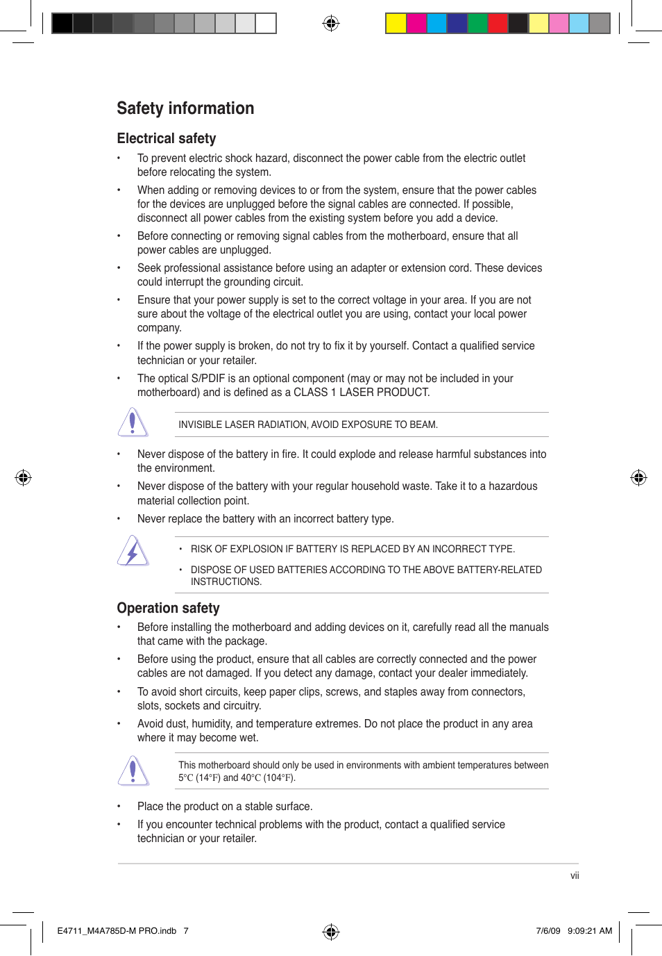 Safety information, Operation safety, Electrical safety | Asus M4A785D-M PRO User Manual | Page 7 / 62