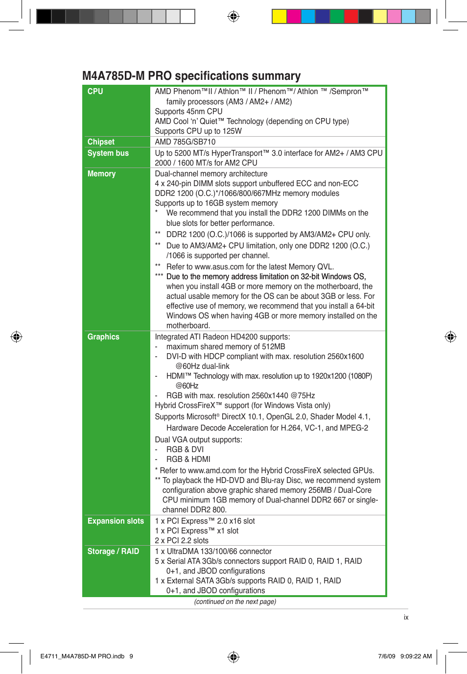 M4a785d-m pro specifications summary | Asus M4A785D-M PRO User Manual | Page 9 / 62