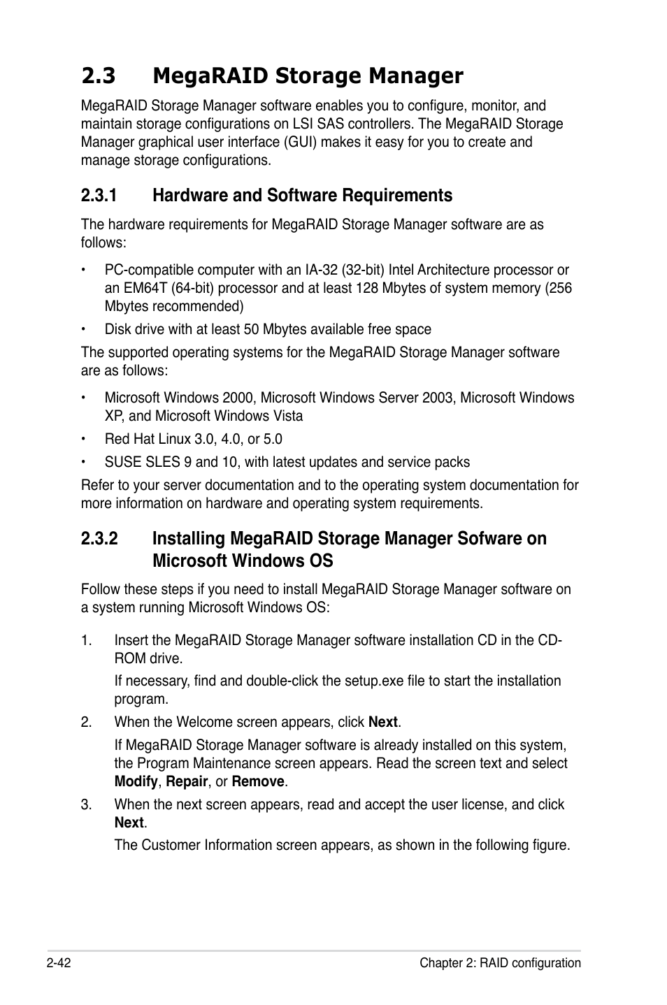 3 megaraid storage manager, 1 hardware and software requirements, Megaraid storage manager -42 2.3.1 | Hardware and software requirements -42, Installing megaraid storage manager sofware on, Microsoft windows os -42 | Asus PIKE 1078 User Manual | Page 56 / 80