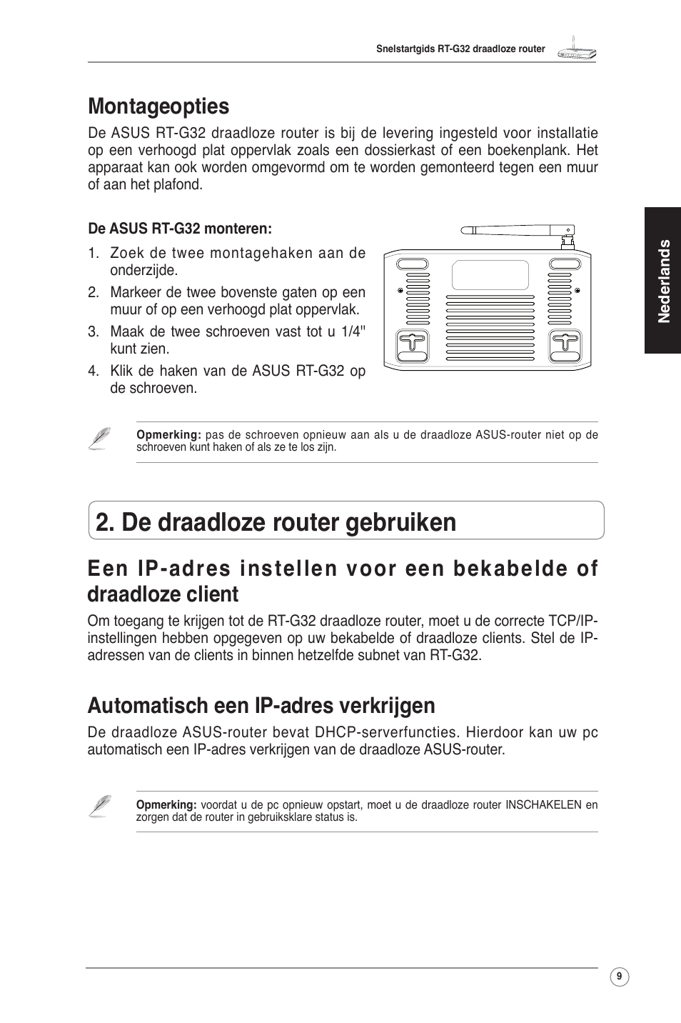 De draadloze router gebruiken, Automatisch een ip-adres verkrijgen, Montageopties | Asus RT-G32 User Manual | Page 10 / 55