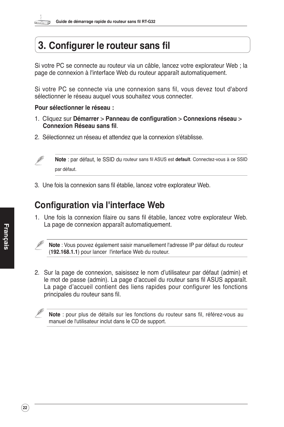 Configurer le routeur sans fil, Configuration via l'interface web | Asus RT-G32 User Manual | Page 23 / 55