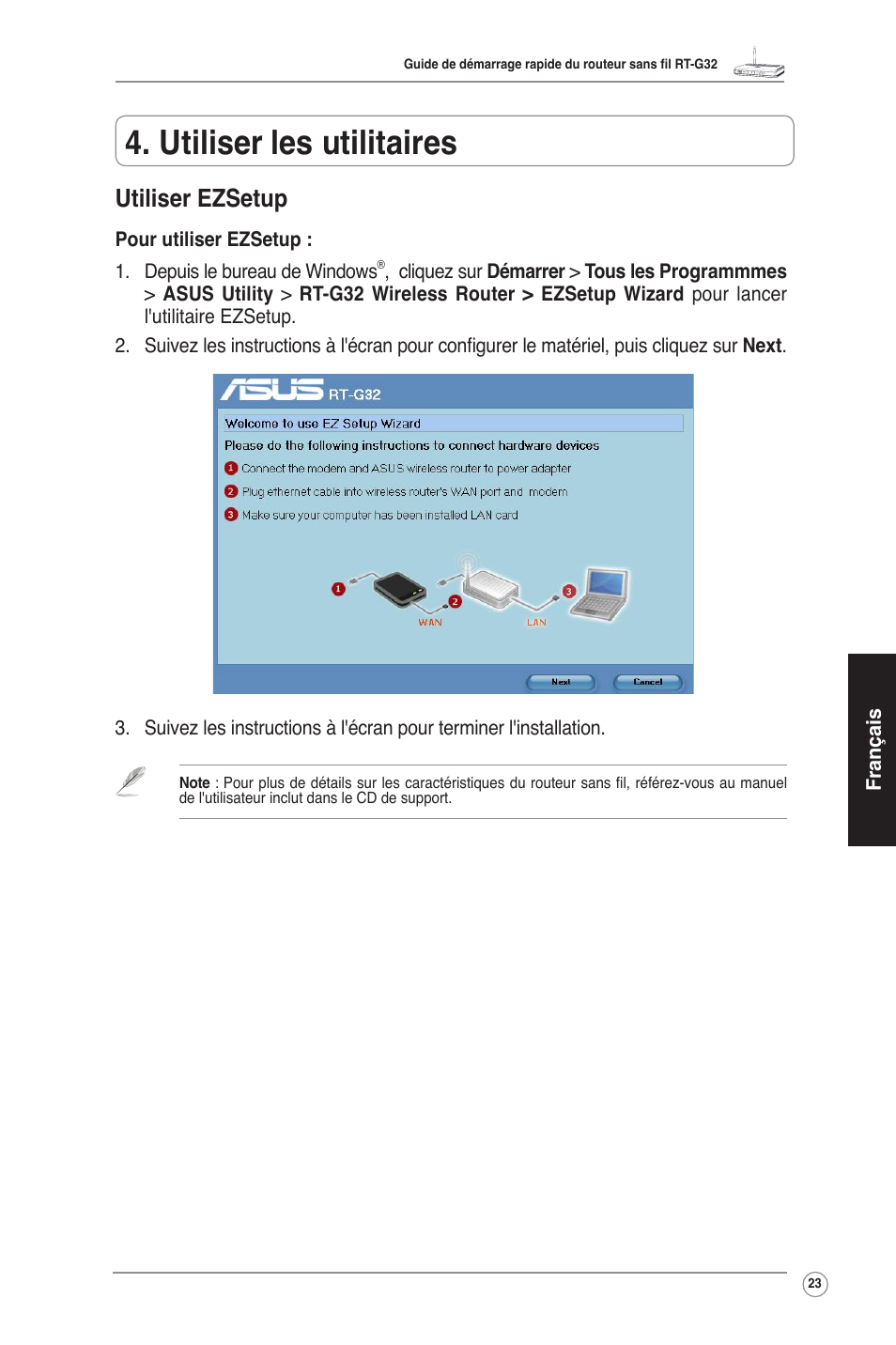 Utiliser les utilitaires, Utiliser ezsetup | Asus RT-G32 User Manual | Page 24 / 55