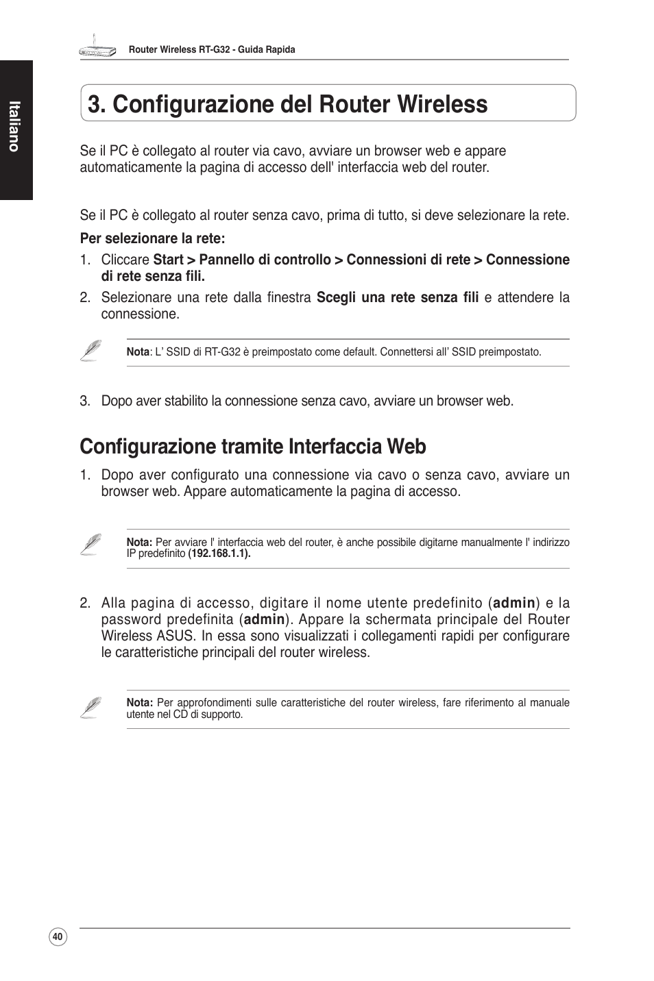 Configurazione del router wireless, Configurazione tramite interfaccia web | Asus RT-G32 User Manual | Page 41 / 55