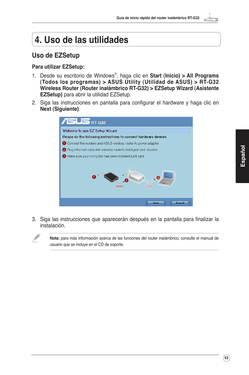 Uso de las utilidades, Uso de ezsetup | Asus RT-G32 User Manual | Page 54 / 55