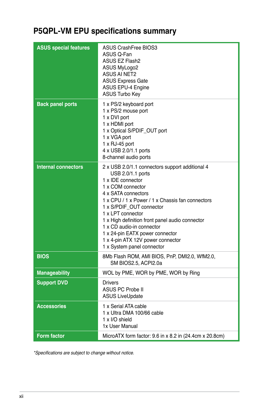 P5qpl-vm epu specifications summary | Asus P5QPL-VM EPU User Manual | Page 10 / 64