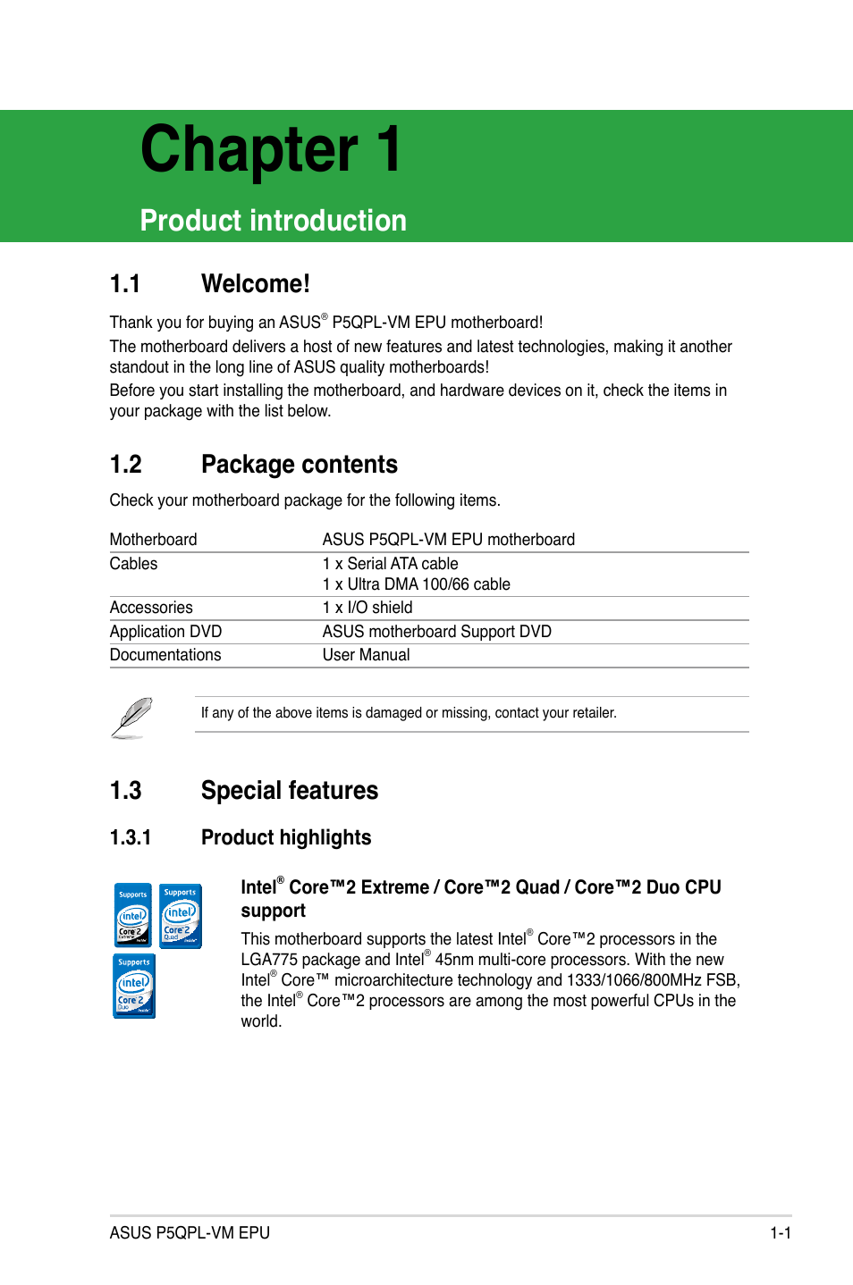 Chapter 1: product introduction, 1 welcome, 2 package contents | 3 special features, 1 product highlights, Product introduction, Welcome! -1, Package contents -1, Special features -1 1.3.1, Product highlights -1 | Asus P5QPL-VM EPU User Manual | Page 11 / 64