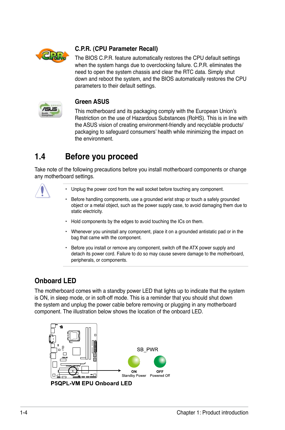4 before you proceed, Before you proceed -4, Onboard led | Asus P5QPL-VM EPU User Manual | Page 14 / 64