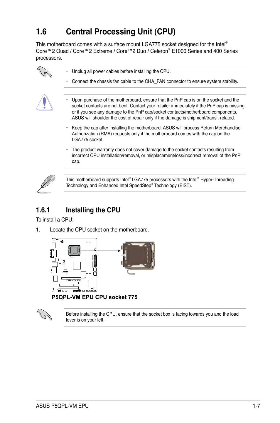 6 central processing unit (cpu), 1 installing the cpu, Central processing unit (cpu) -7 1.6.1 | Installing the cpu -7 | Asus P5QPL-VM EPU User Manual | Page 17 / 64