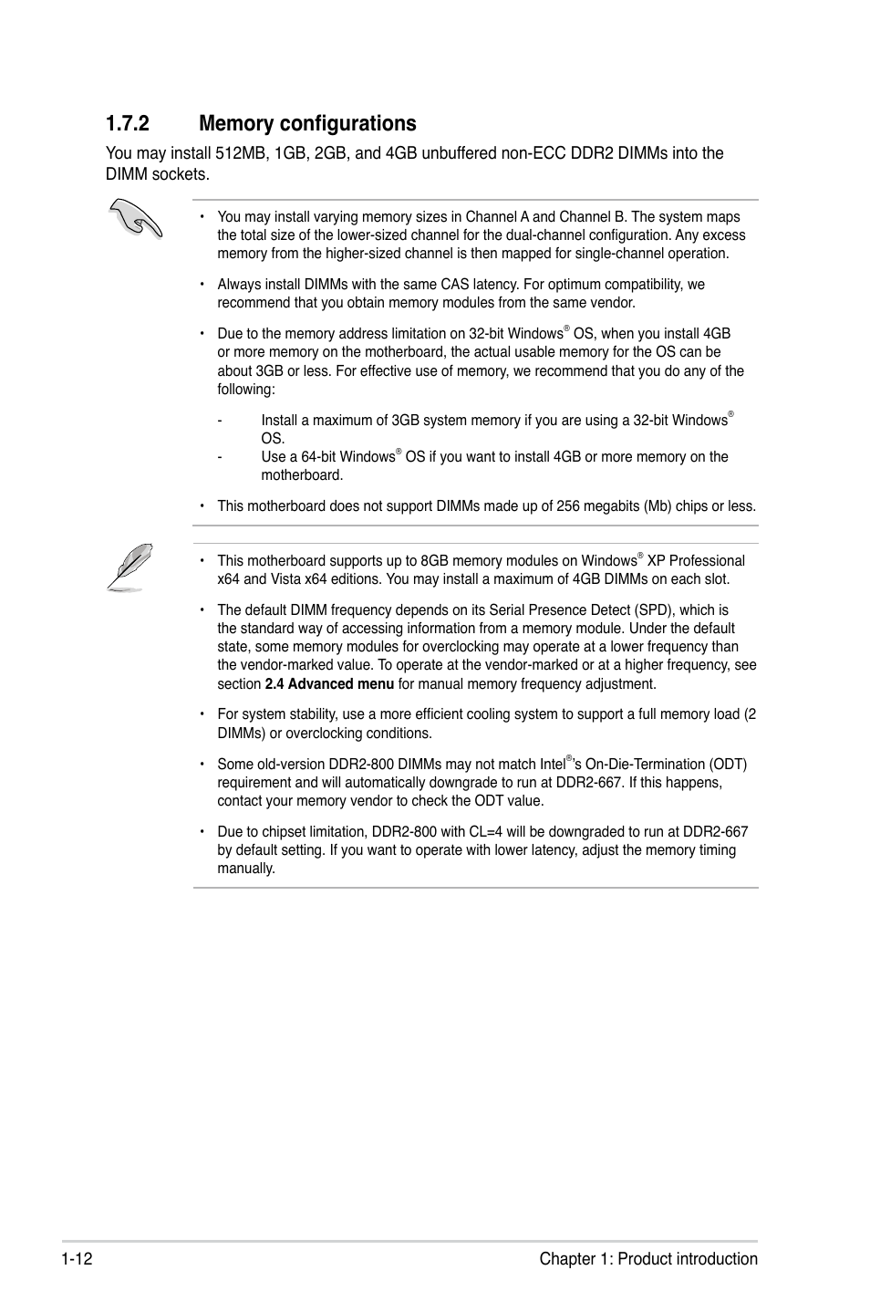 2 memory configurations, Memory configurations -12 | Asus P5QPL-VM EPU User Manual | Page 22 / 64