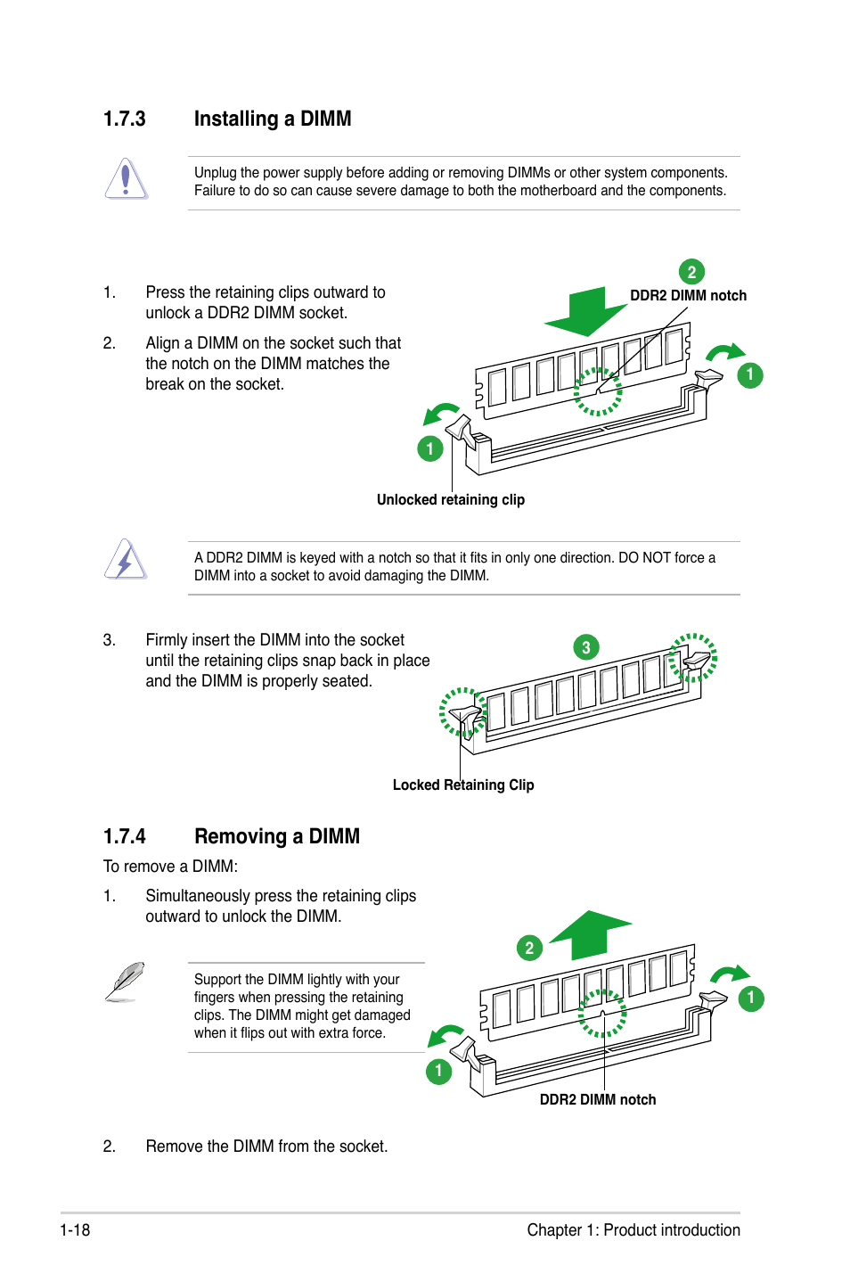 3 installing a dimm, 4 removing a dimm, Installing a dimm -18 | Removing a dimm -18 | Asus P5QPL-VM EPU User Manual | Page 28 / 64