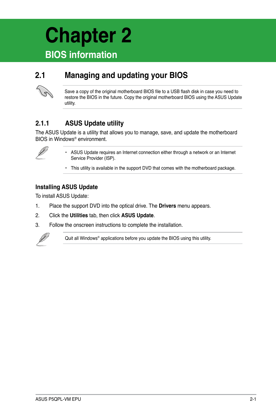 Chapter 2: bios information, 1 managing and updating your bios, 1 asus update utility | Managing and updating your bios -1 2.1.1, Asus update utility -1, Chapter 2, Bios information | Asus P5QPL-VM EPU User Manual | Page 43 / 64