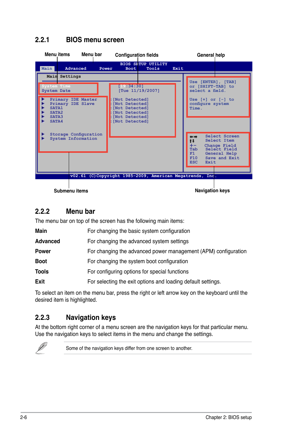 1 bios menu screen, 2 menu bar, 3 navigation keys | Bios menu screen -6, Menu bar -6, Navigation keys -6, 1 bios menu screen 2.2.2 menu bar | Asus P5QPL-VM EPU User Manual | Page 48 / 64