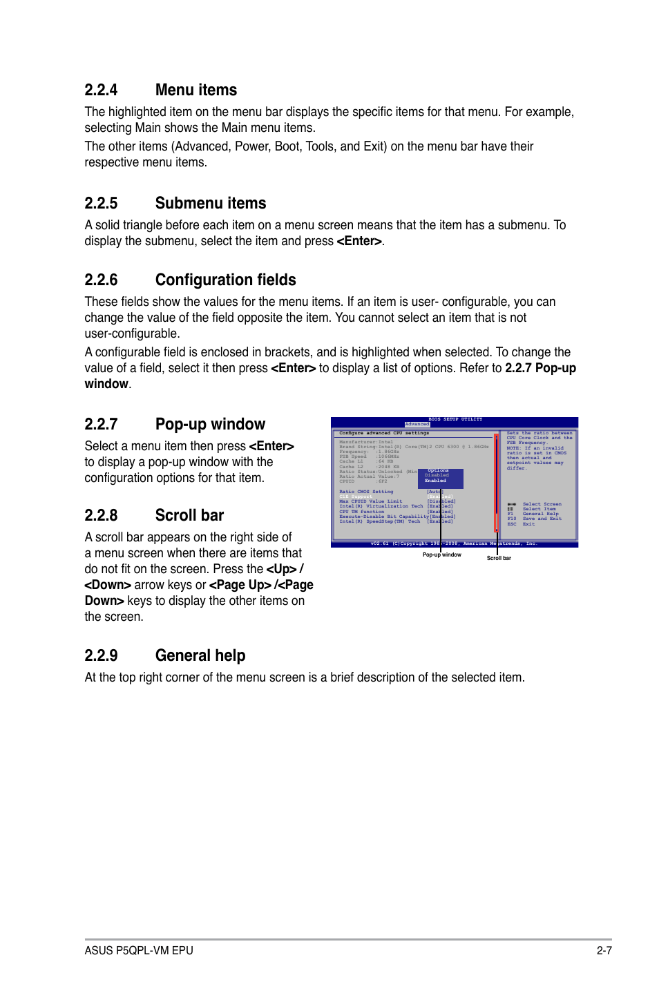 4 menu items, 5 submenu items, 6 configuration fields | 7 pop-up window, 8 scroll bar, 9 general help, Menu items -7, Submenu items -7, Configuration fields -7, Pop-up window -7 | Asus P5QPL-VM EPU User Manual | Page 49 / 64