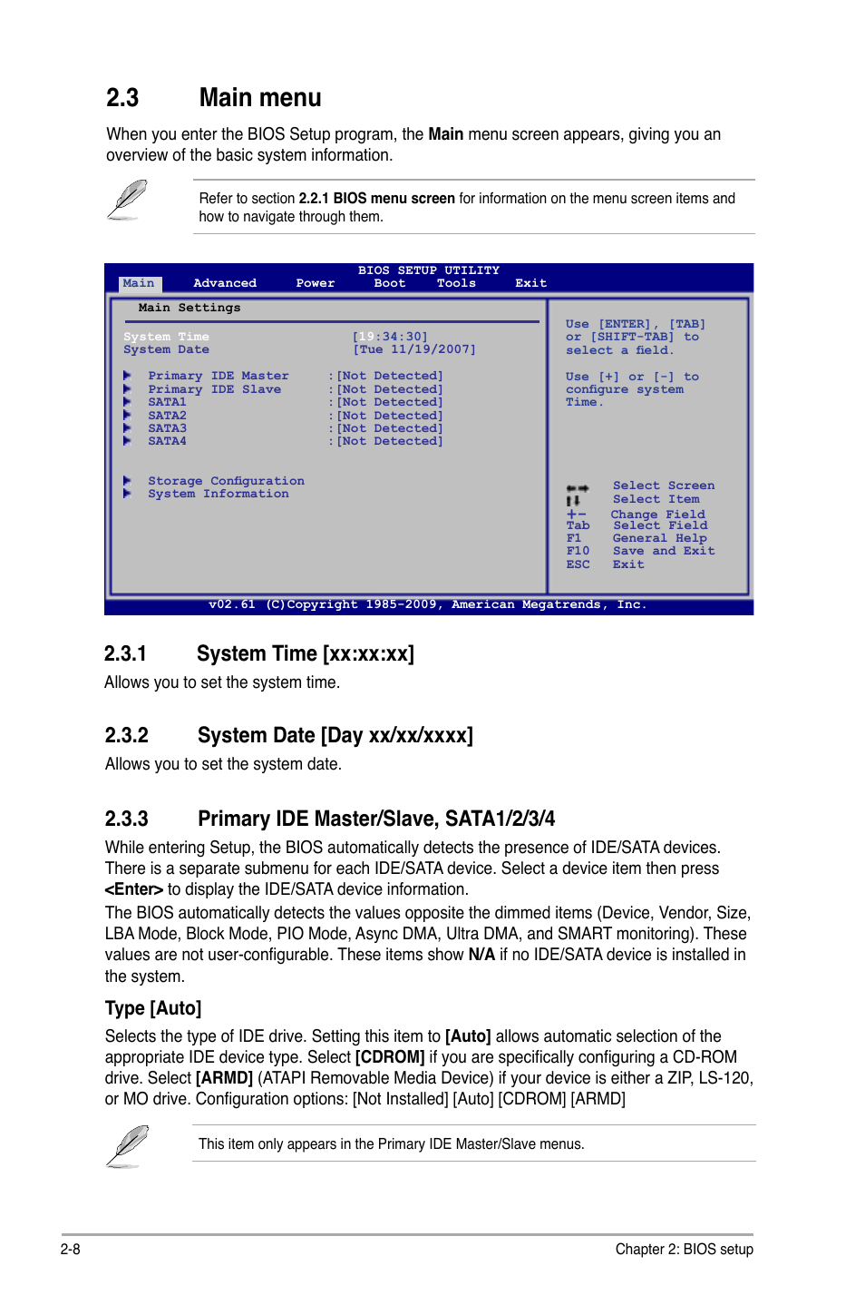 3 main menu, 1 system time, 2 system date | 3 primary ide master/slave, sata1/2/3/4, Main menu -8 2.3.1, System time -8, System date -8, Primary ide master/slave, sata1/2/3/4 -8, 1 system time [xx:xx:xx, Type [auto | Asus P5QPL-VM EPU User Manual | Page 50 / 64