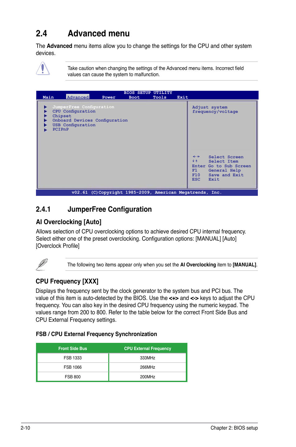 4 advanced menu, 1 jumperfree configuration, Advanced menu -10 2.4.1 | Jumperfree configuration -10, Ai overclocking [auto, Cpu frequency [xxx | Asus P5QPL-VM EPU User Manual | Page 52 / 64