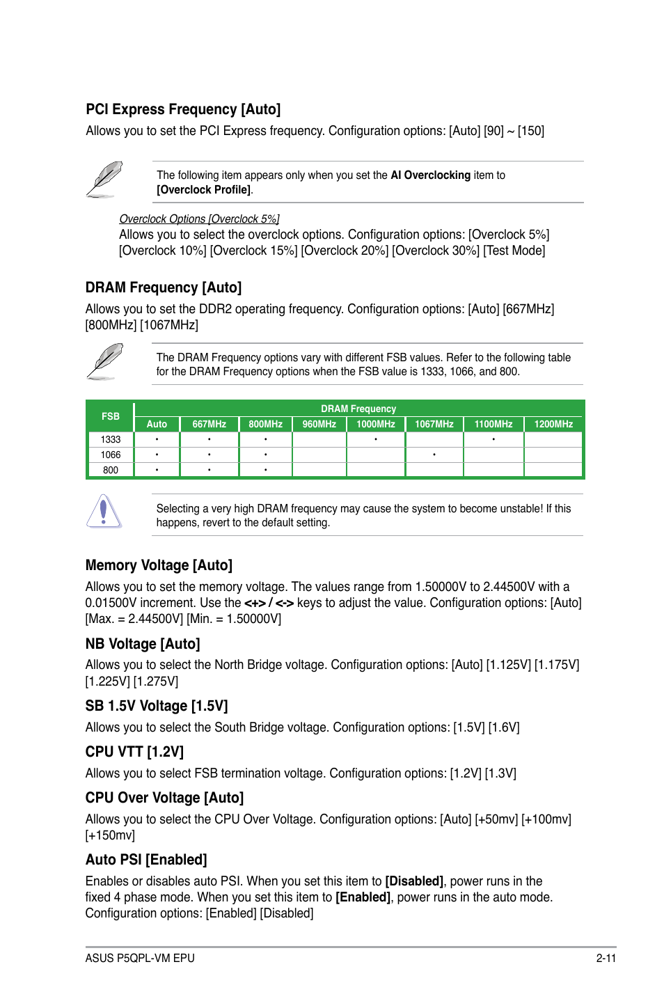 Pci express frequency [auto, Nb voltage [auto, Sb 1.5v voltage [1.5v | Cpu vtt [1.2v, Cpu over voltage [auto, Auto psi [enabled, Dram frequency [auto | Asus P5QPL-VM EPU User Manual | Page 53 / 64