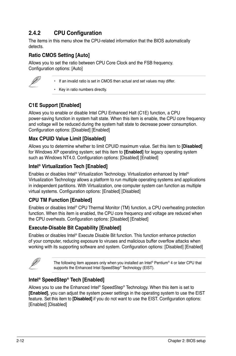2 cpu configuration, Cpu configuration -12, Ratio cmos setting [auto | C1e support [enabled, Max cpuid value limit [disabled, Intel, Virtualization tech [enabled, Cpu tm function [enabled, Execute-disable bit capability [enabled, Speedstep | Asus P5QPL-VM EPU User Manual | Page 54 / 64