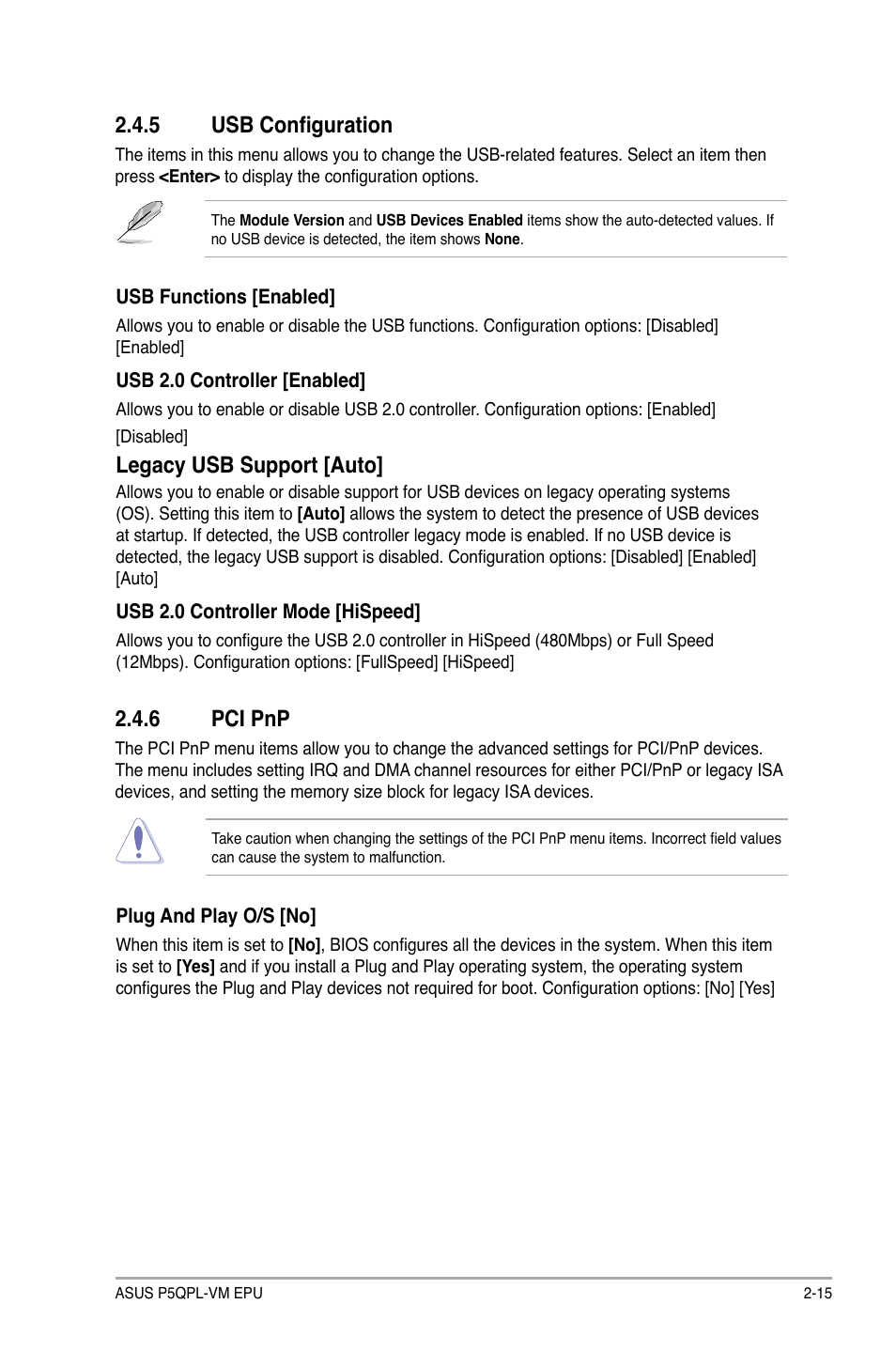 5 usb configuration, 6 pci pnp, Usb configuration -15 | Pci pnp -15, Legacy usb support [auto | Asus P5QPL-VM EPU User Manual | Page 57 / 64