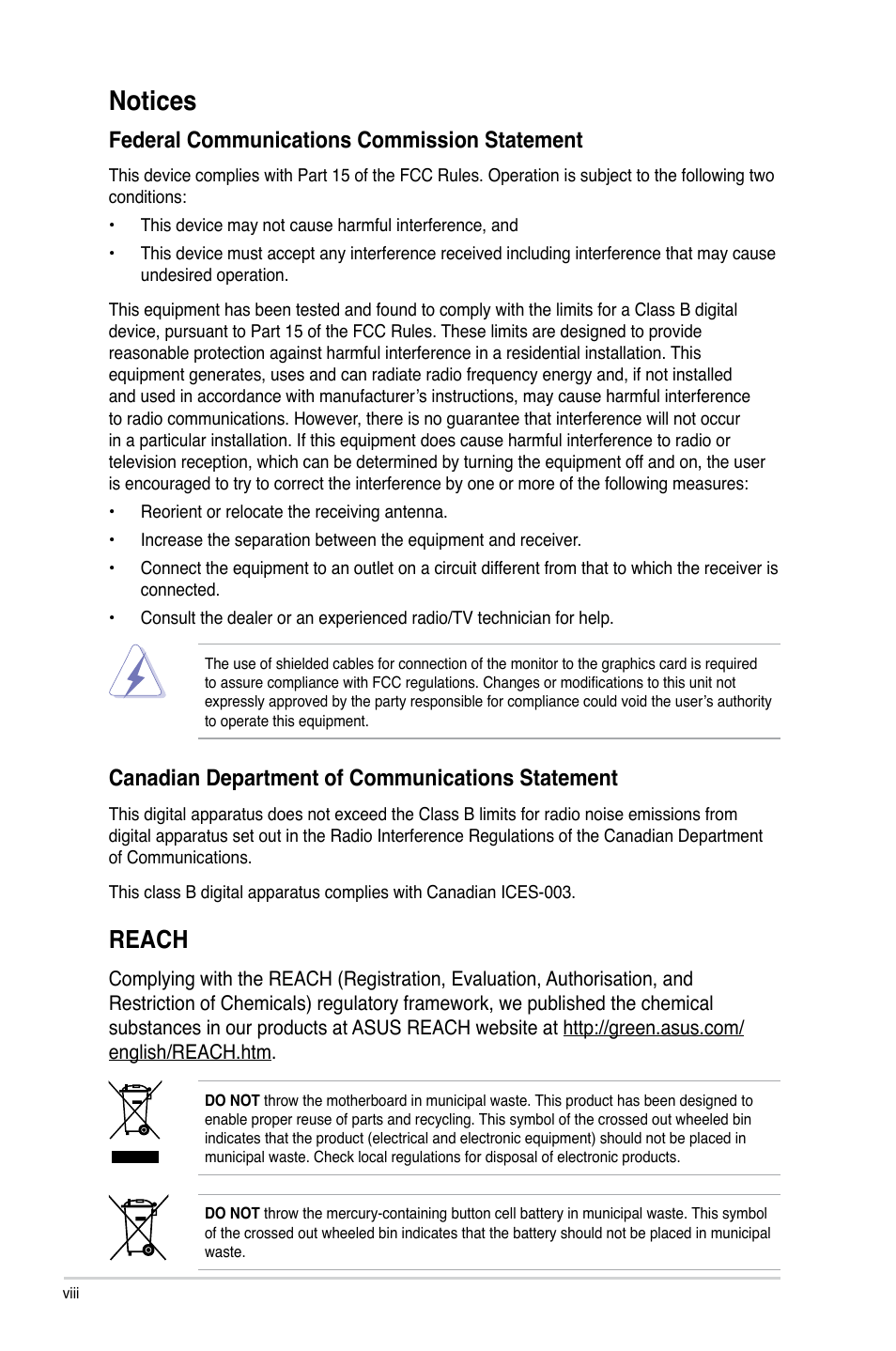 Notices, Reach, Federal communications commission statement | Canadian department of communications statement | Asus P5QPL-VM EPU User Manual | Page 6 / 64
