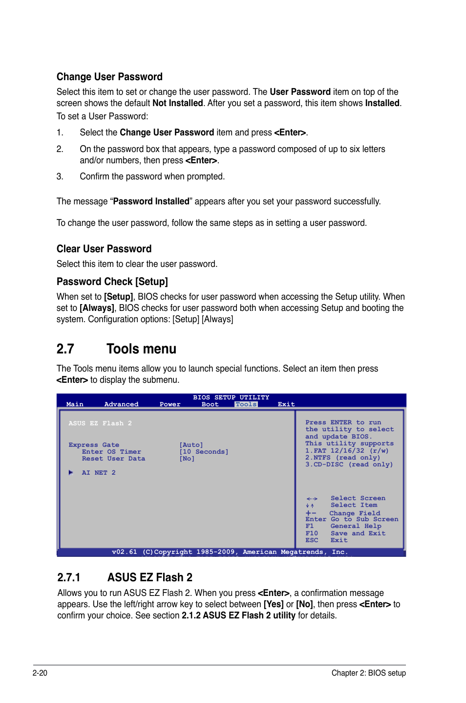 7 tools menu, 1 asus ez flash 2, Tools menu -20 2.7.1 | Asus ez flash 2 -20, Change user password, Clear user password, Password check [setup | Asus P5QPL-VM EPU User Manual | Page 62 / 64