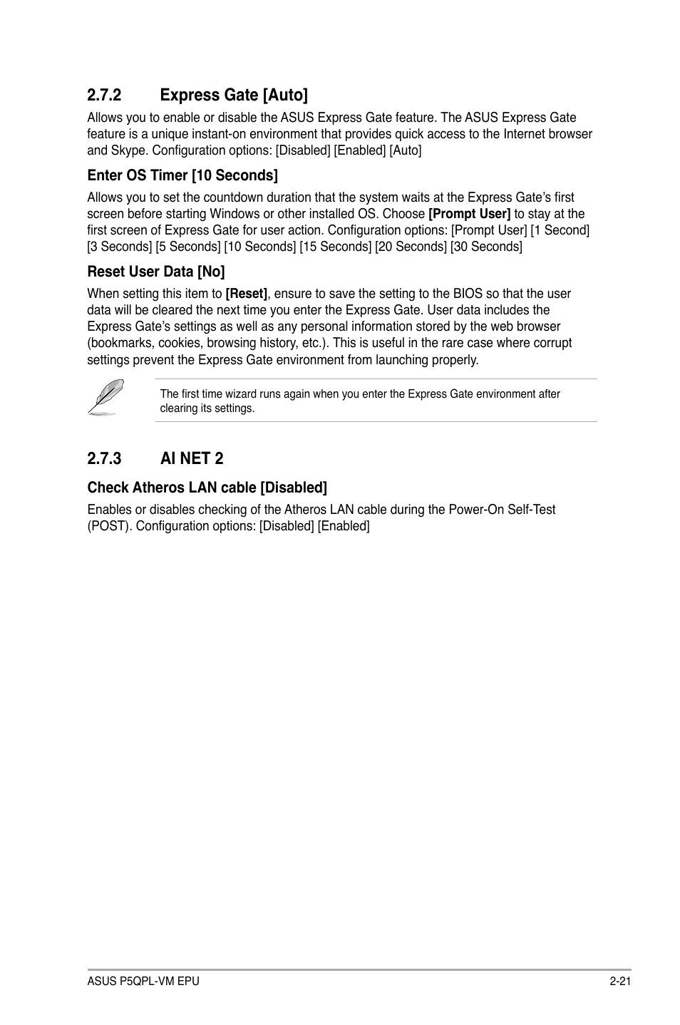 2 express gate, 3 ai net 2, Express gate -21 | Ai net 2 -21, 2 express gate [auto | Asus P5QPL-VM EPU User Manual | Page 63 / 64