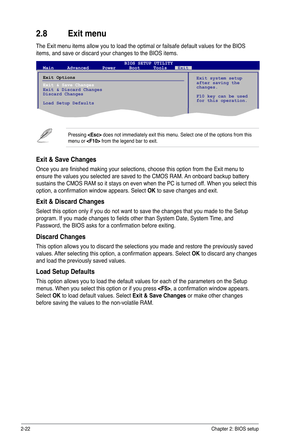 8 exit menu, Exit menu -22, Exit & save changes | Exit & discard changes, Discard changes, Load setup defaults | Asus P5QPL-VM EPU User Manual | Page 64 / 64