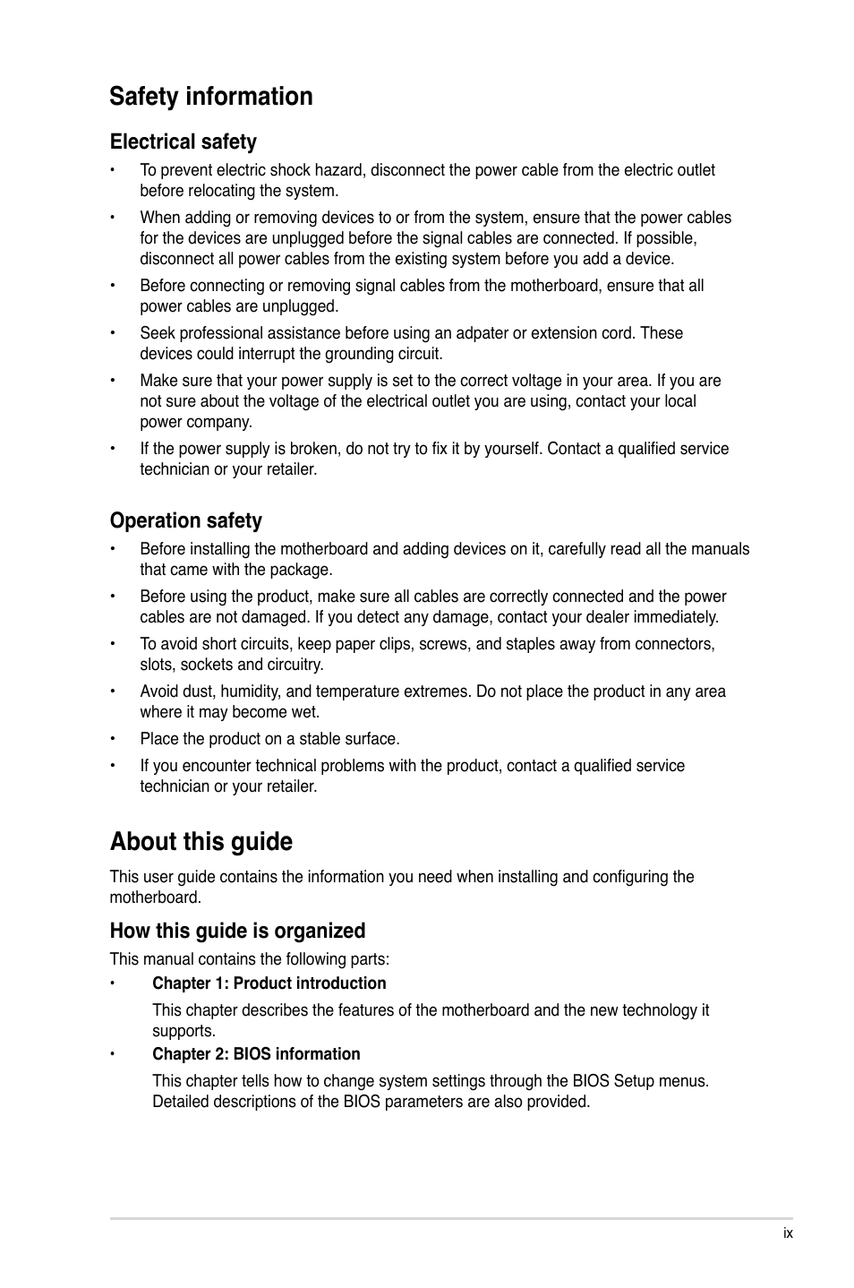 Safety information, About this guide, Electrical safety | Operation safety, How this guide is organized | Asus P5QPL-VM EPU User Manual | Page 7 / 64