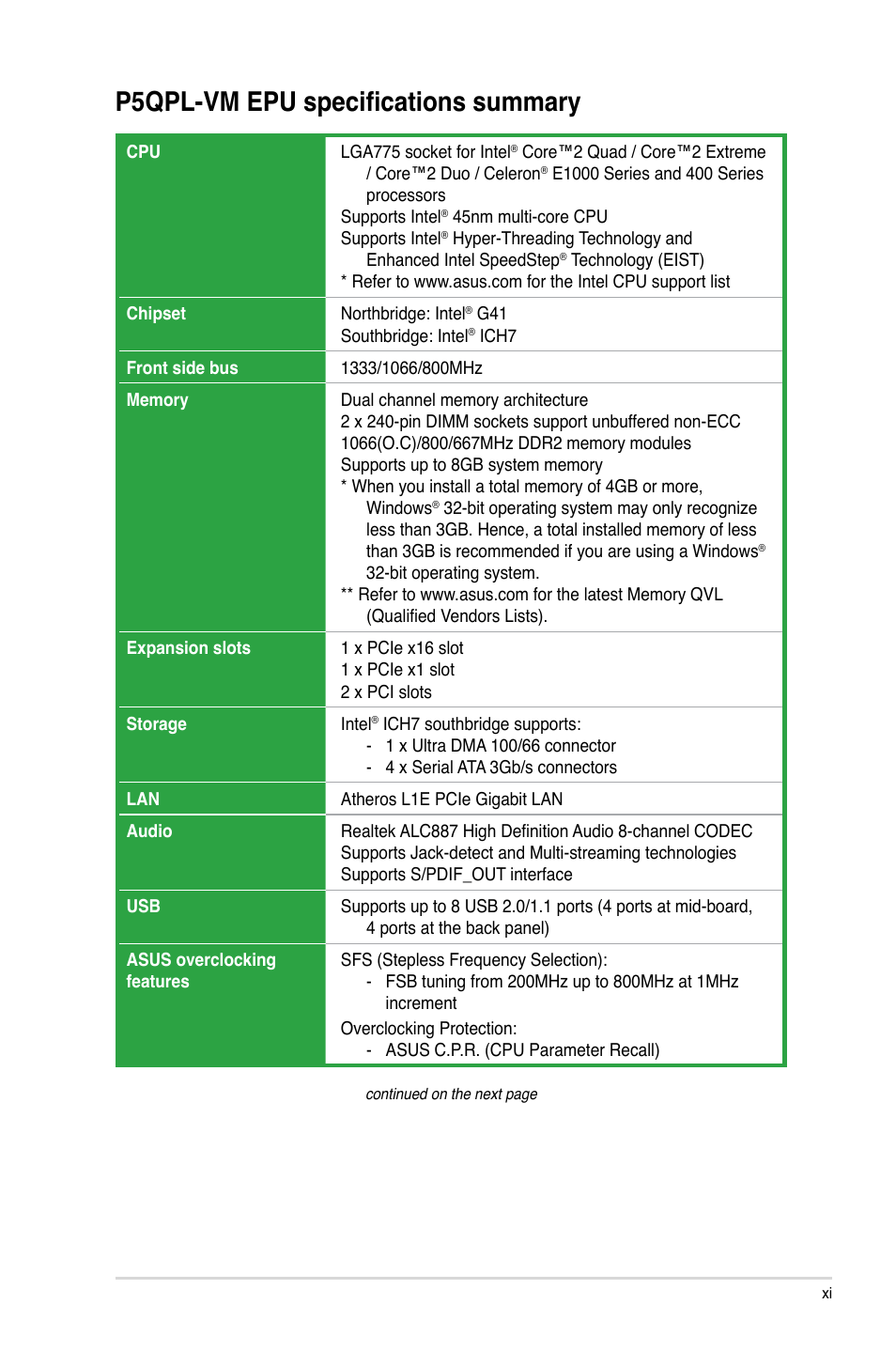 P5qpl-vm epu specifications summary | Asus P5QPL-VM EPU User Manual | Page 9 / 64