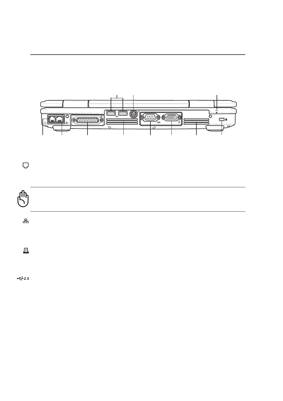 Rear side, Knowing the parts, Modem port | Parallel port, Usb 2.0 port | Asus L5D User Manual | Page 23 / 78