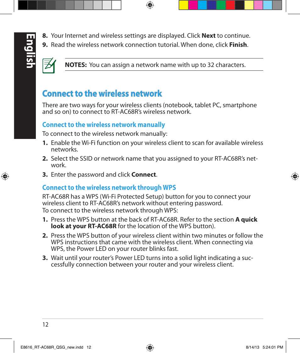 English, Connect to the wireless network | Asus RT-AC68R User Manual | Page 12 / 24