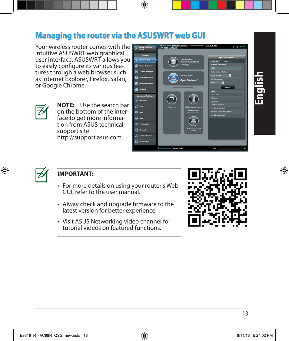 English, Managing the router via the asuswrt web gui | Asus RT-AC68R User Manual | Page 13 / 24