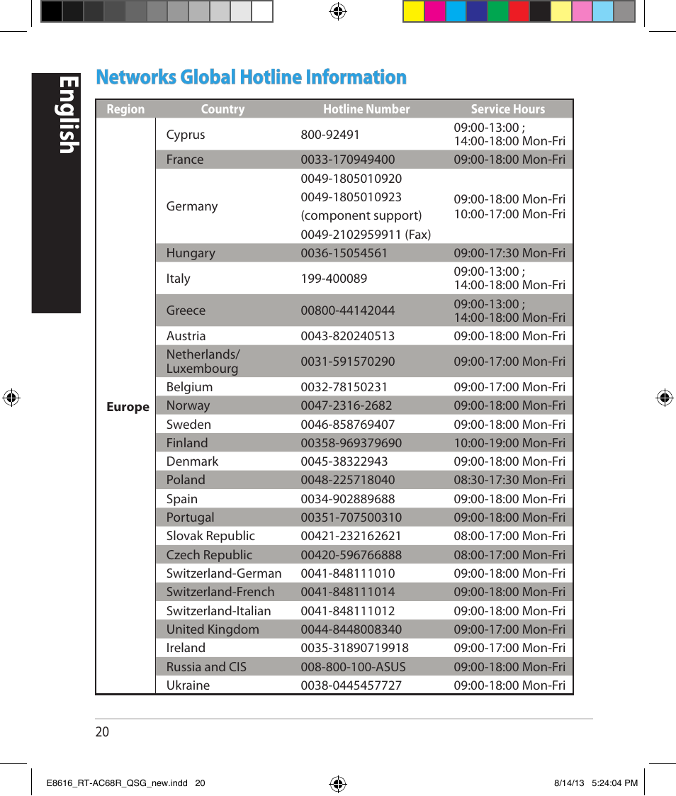 English, Networks global hotline information | Asus RT-AC68R User Manual | Page 20 / 24