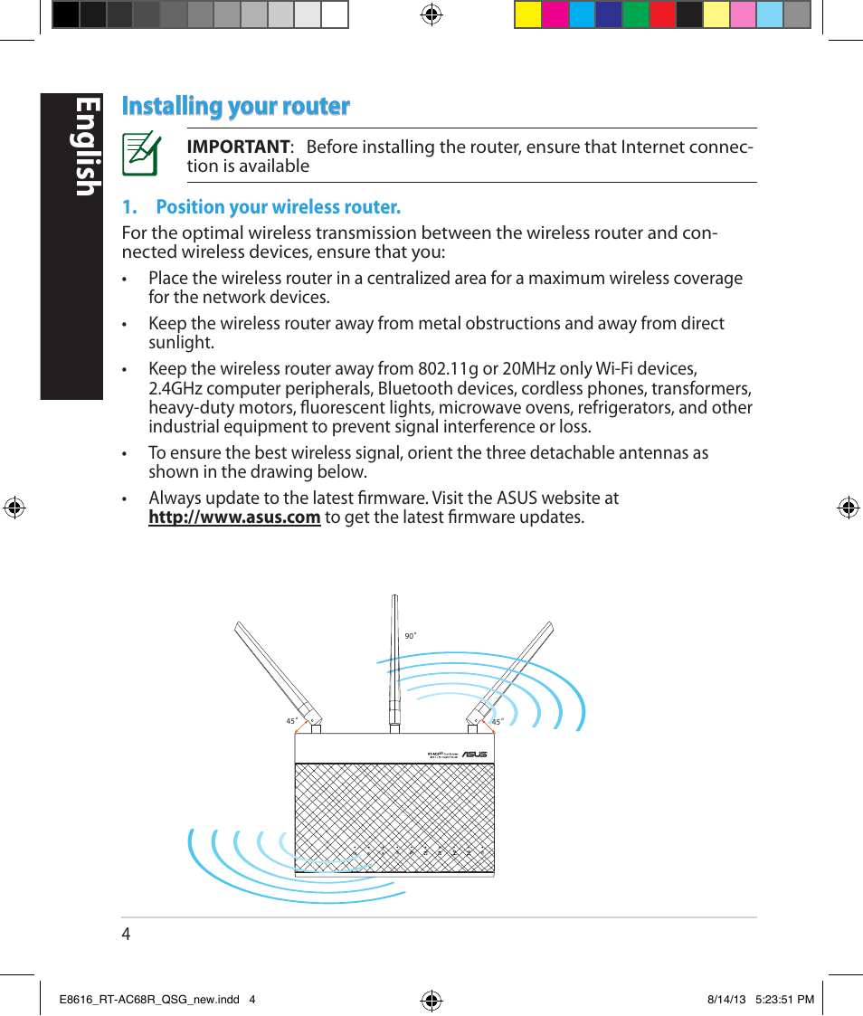 English, Installing your router, Position your wireless router | Asus RT-AC68R User Manual | Page 4 / 24