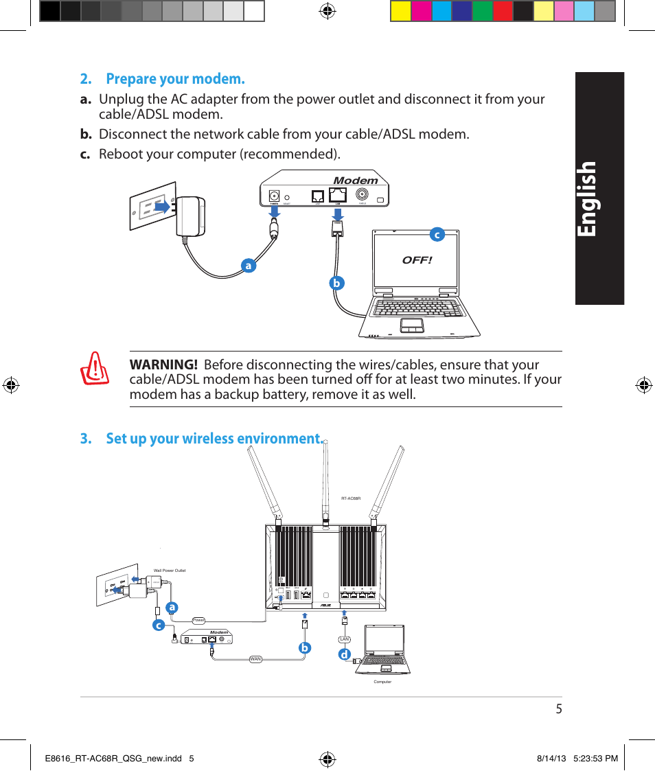 English, Prepare your modem, Set up your wireless environment | Asus RT-AC68R User Manual | Page 5 / 24