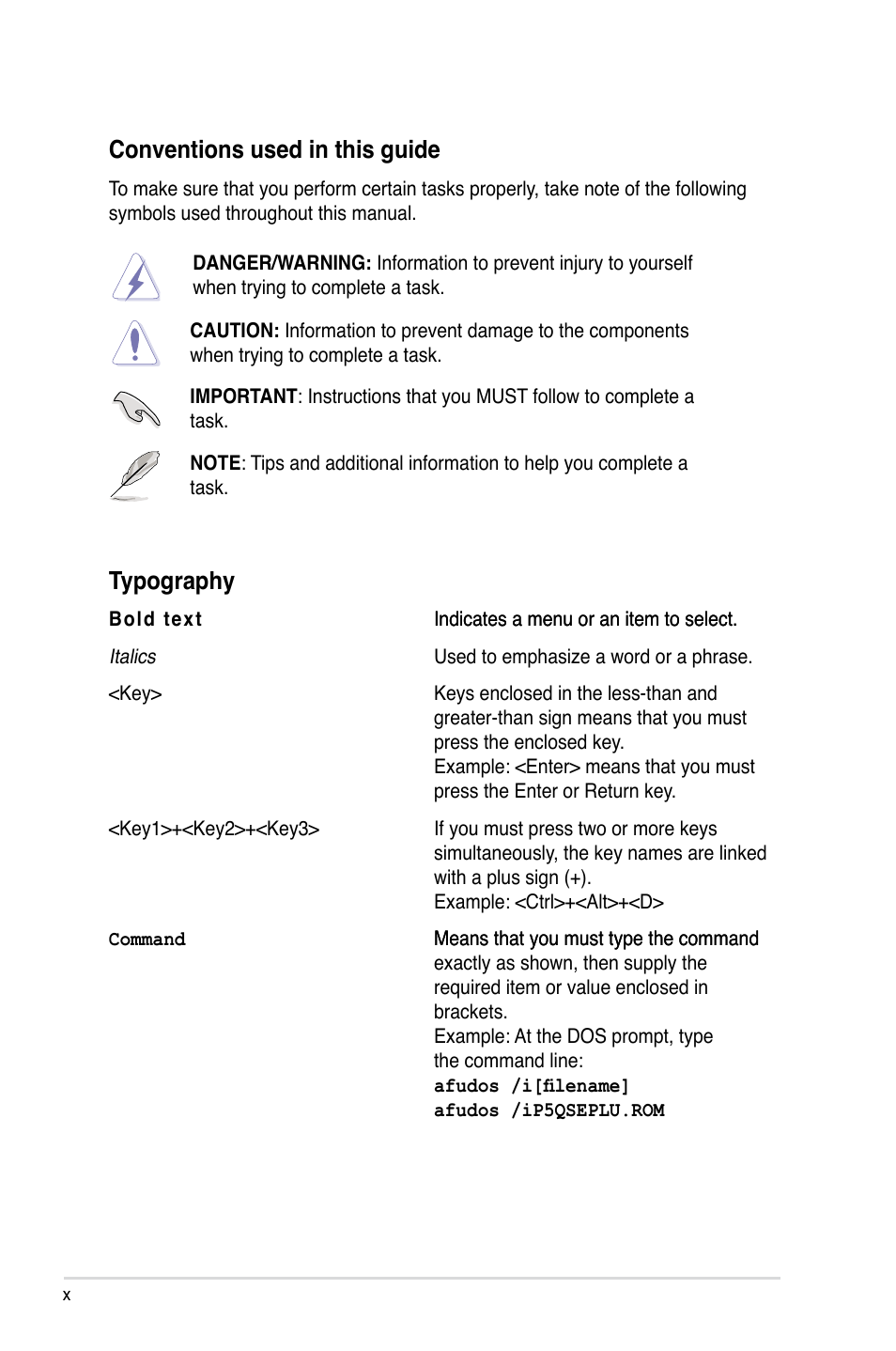 Conventions used in this guide, Typography | Asus P5Q SE PLUS User Manual | Page 10 / 100