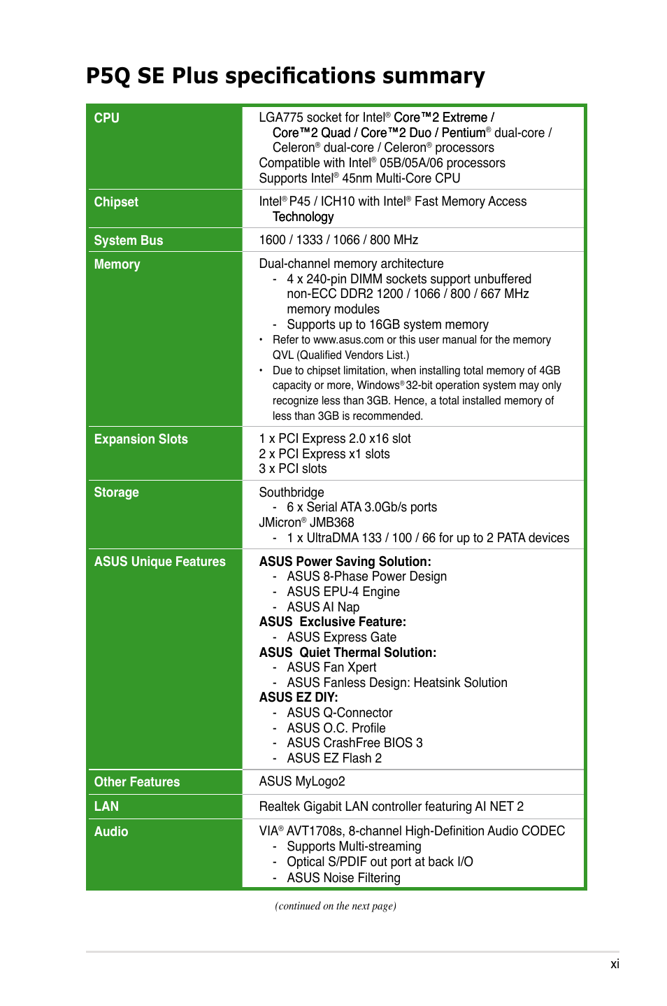 P5q se plus specifications summary | Asus P5Q SE PLUS User Manual | Page 11 / 100