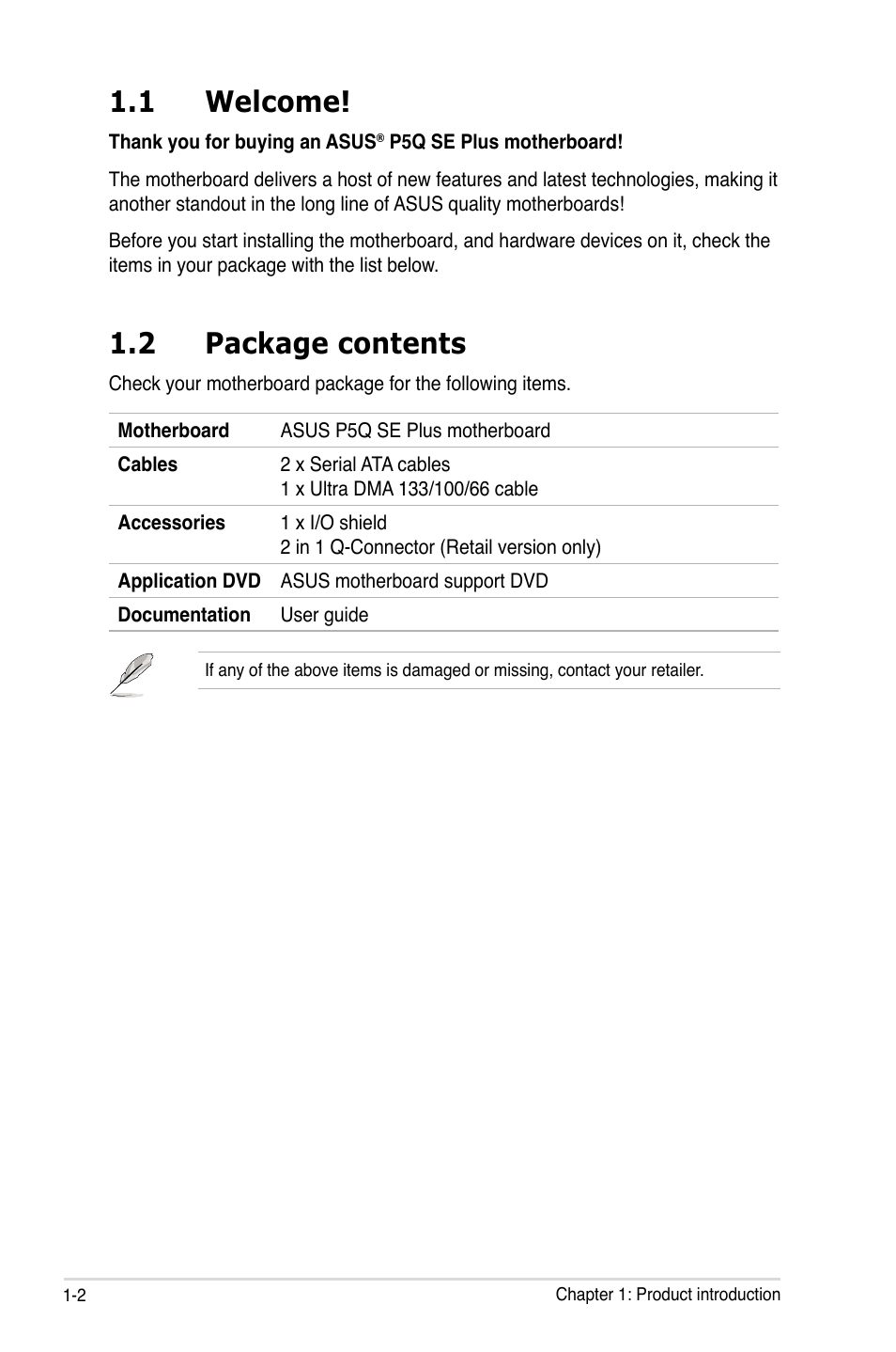 1 welcome, 2 package contents | Asus P5Q SE PLUS User Manual | Page 14 / 100