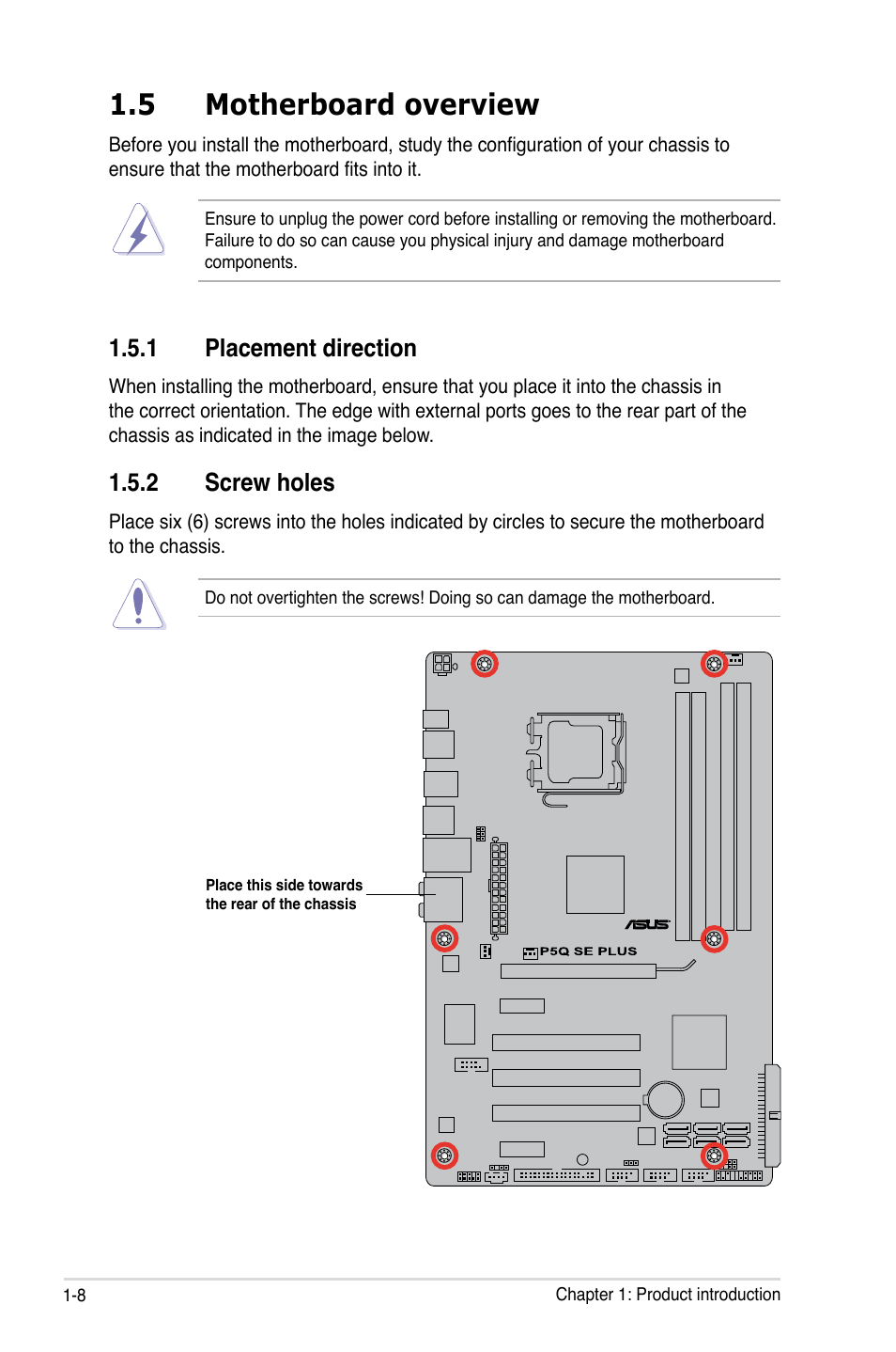 5 motherboard overview, 1 placement direction, 2 screw holes | Asus P5Q SE PLUS User Manual | Page 20 / 100