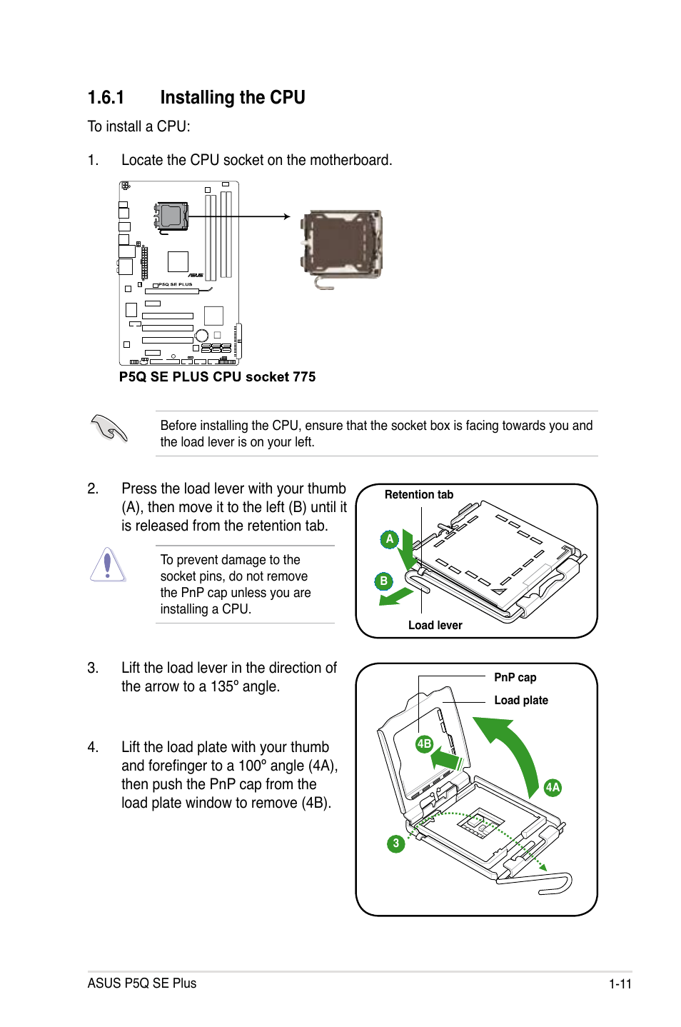 1 installing the cpu | Asus P5Q SE PLUS User Manual | Page 23 / 100