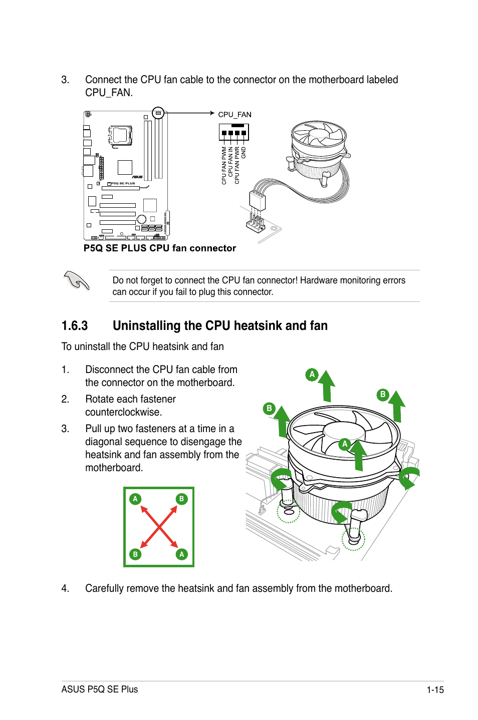 3 uninstalling the cpu heatsink and fan | Asus P5Q SE PLUS User Manual | Page 27 / 100