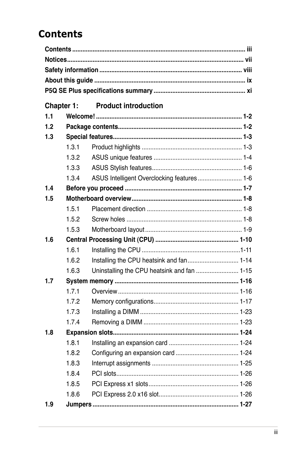 Asus P5Q SE PLUS User Manual | Page 3 / 100