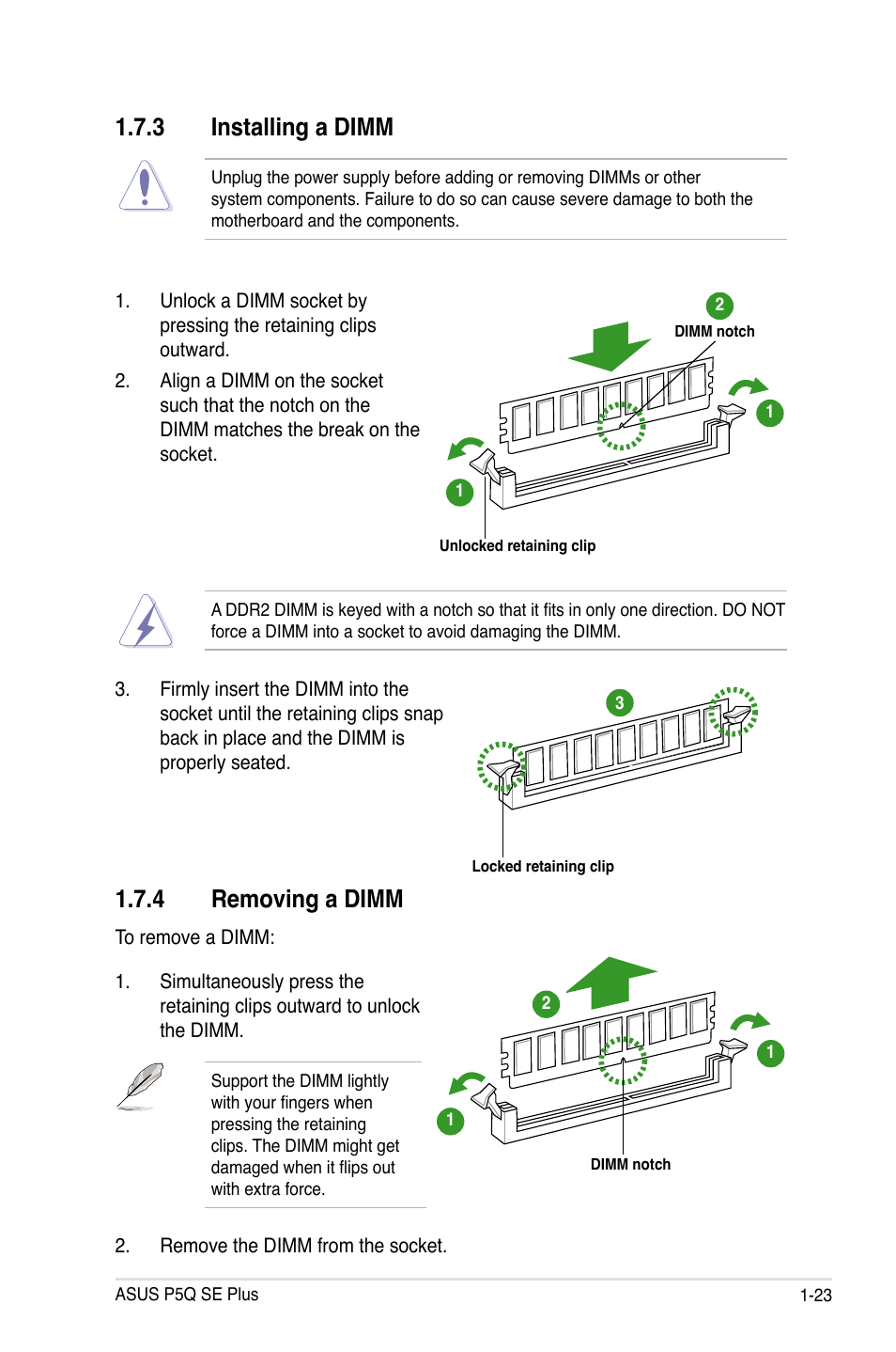 3 installing a dimm, 4 removing a dimm | Asus P5Q SE PLUS User Manual | Page 35 / 100