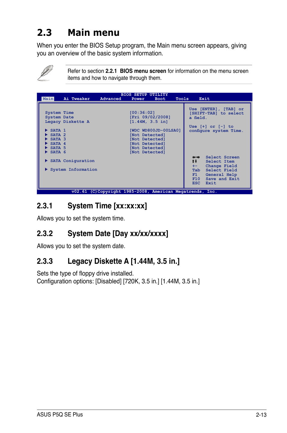 3 main menu, 1 system time [xx:xx:xx, Allows you to set the system time | Allows you to set the system date | Asus P5Q SE PLUS User Manual | Page 65 / 100