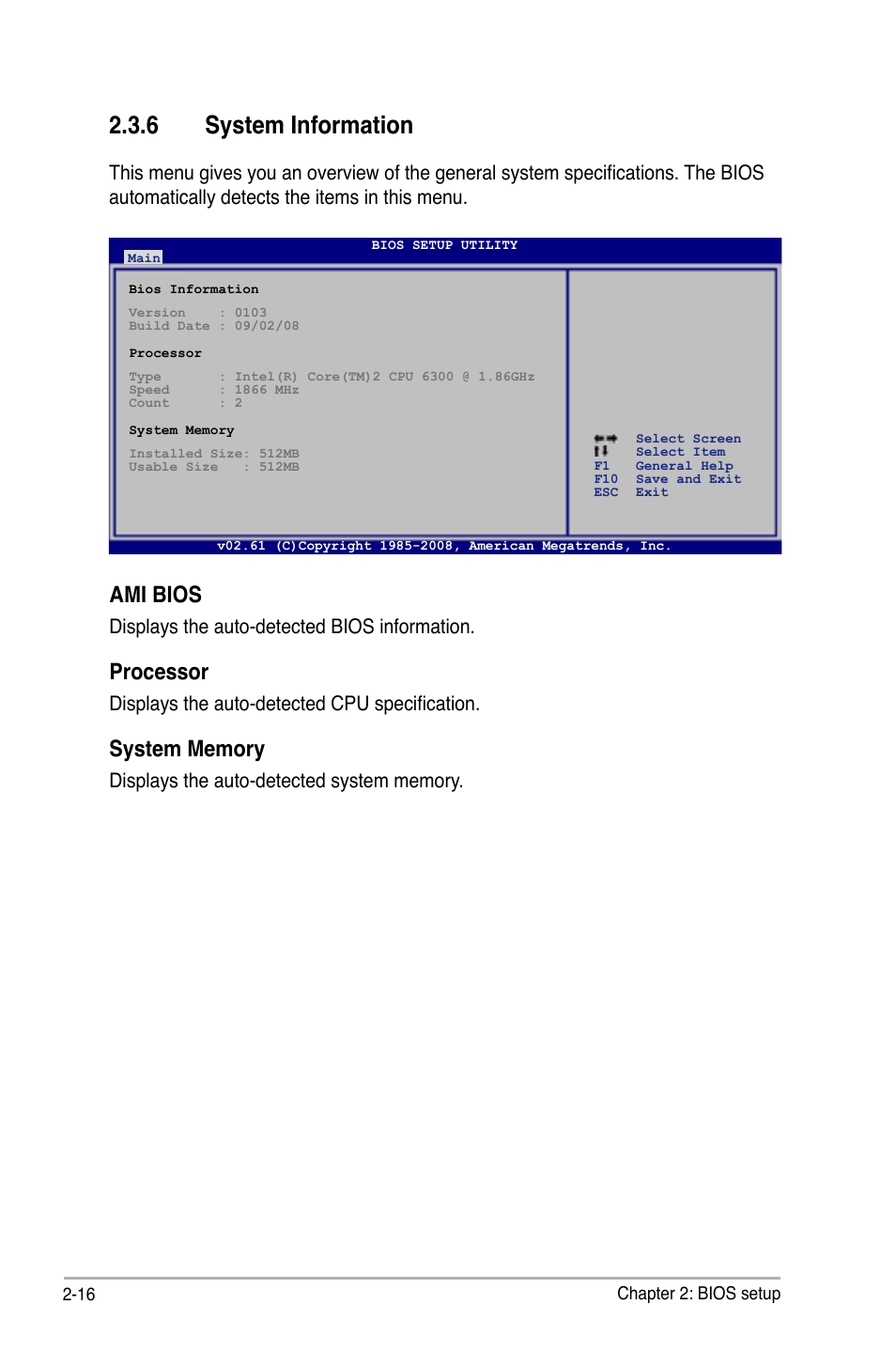 6 system information, Ami bios, Processor | Displays the auto-detected bios information, Displays the auto-detected cpu specification | Asus P5Q SE PLUS User Manual | Page 68 / 100