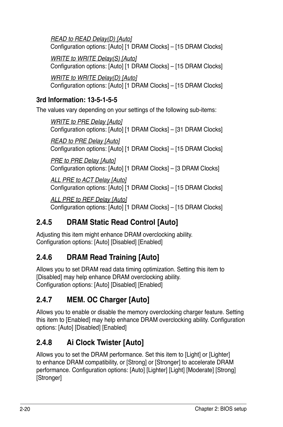 5 dram static read control [auto, 6 dram read training [auto, 7 mem. oc charger [auto | 8 ai clock twister [auto | Asus P5Q SE PLUS User Manual | Page 72 / 100